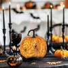 Kép 1/2 - Halloween-i tök dekoráció - 16,5 cm - narancs, pókhálós - habszivacs