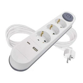 Hosszabbító 2 m / 3 aljzat / kapcsolós / fehér / 1× USB-A + 1× USB-C  / 1,5 mm2
