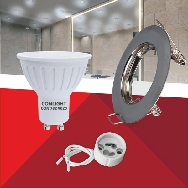 Kerek alakú Króm színű fix állású keret, 5 W Hideg fehér spot LED fényforrás Szett