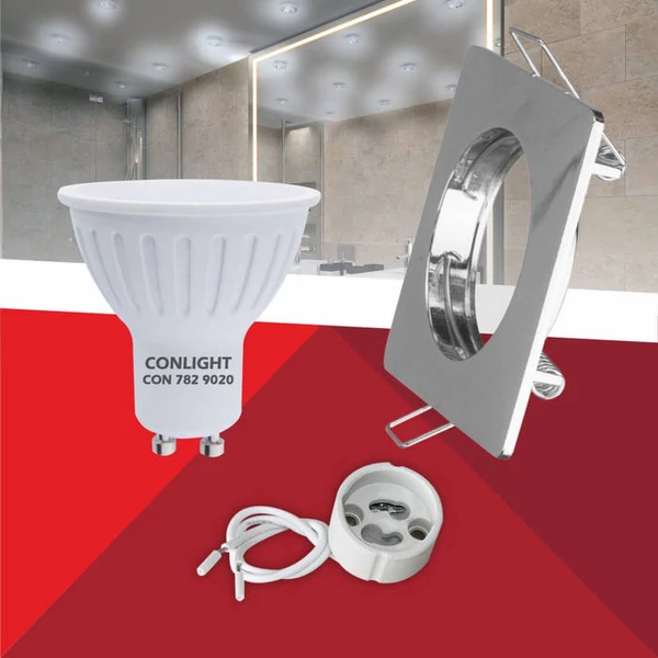 Négyzet alakú Króm színű fix állású keret, 5 W Meleg fehér spot LED fényforrás Szett