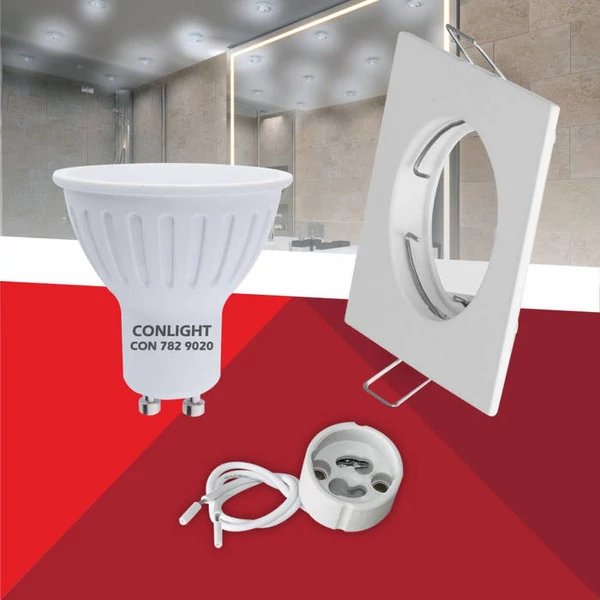 Négyzet alakú Fehér színű fix állású keret, 5 W Hideg fehér spot LED fényforrás Szett