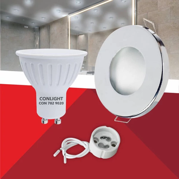 Kerek alakú Króm színű fix állású Kültéri IP44 keret, 5 W Hideg fehér spot LED fényforrás Szett