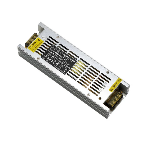 250W SLIM Egyenfeszültségű stabilizált fémházas beltéri tápegység, ventillátor nélkül!