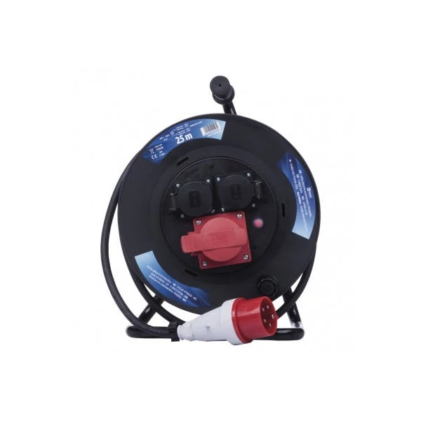 Kültéri kábeldob 25 m / 3 aljzat / fekete / gumi / 230V/400V / 1,5 mm2