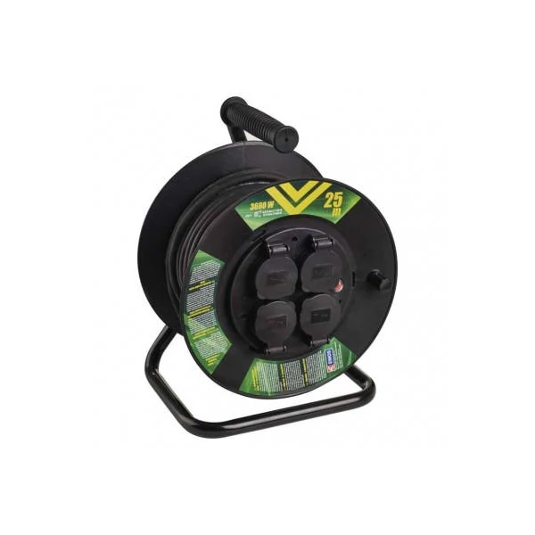 Kültéri kábeldob 25 m / 4 aljzat / fekete / gumi / 230 V / 1,5 mm2