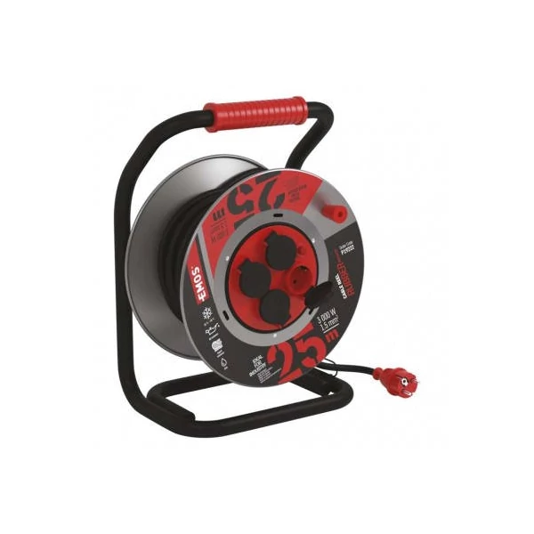 Kültéri kábeldob 25 m / 4 aljzat / fekete / gumi-neoprén / 230V / 1,5 mm2