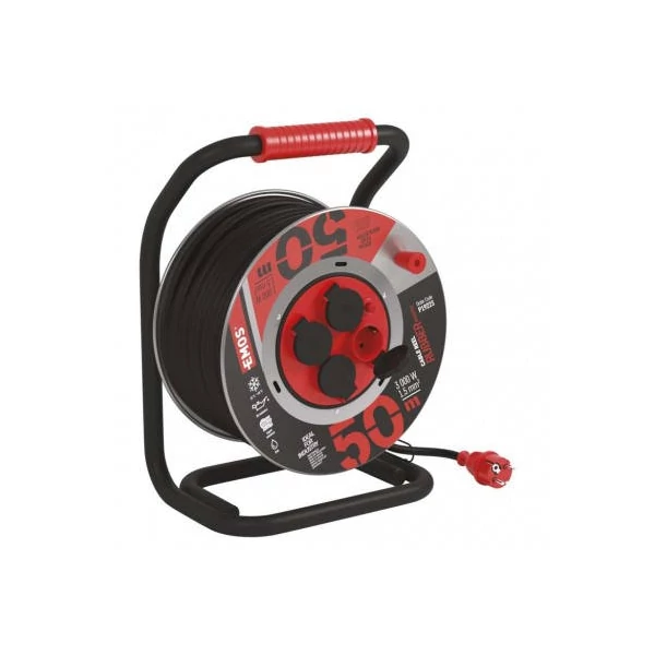 Kültéri kábeldob 50 m / 4 aljzat / fekete / gumi-neoprén / 230V / 1,5 mm2
