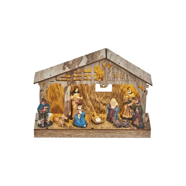 LED karácsonyi betlehem, fa, 19 cm, 3x AA, beltéri, meleg fehér, időzítő