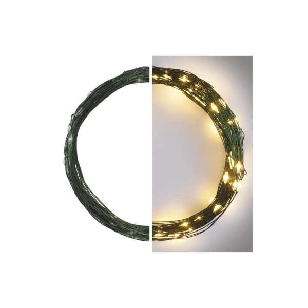 LED karácsonyi nano fényfüzér, zöld, 7,5 m, kültéri és beltéri, meleg fehér, időzítő