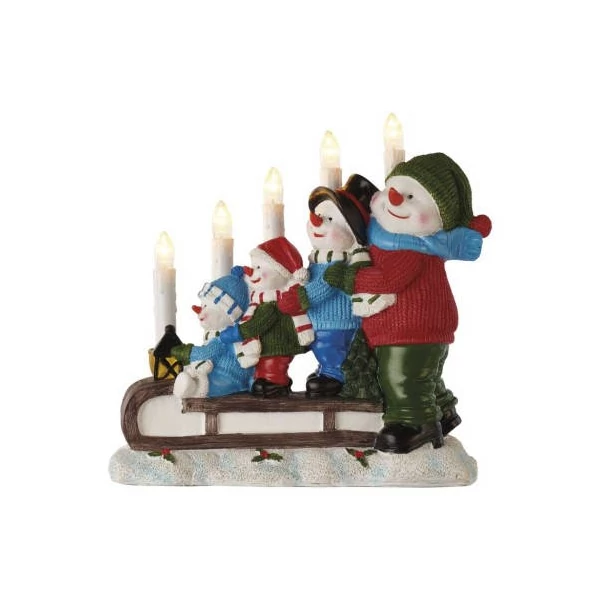 LED gyertyatartó – hóemberek szánon, 24 cm, 2x AA, beltéri, meleg fehér, időzítő