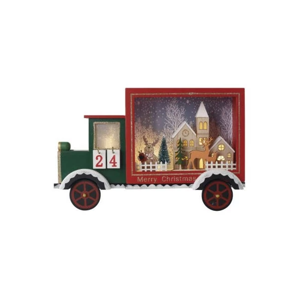 LED adventi naptár, fa autó, 20x30,5 cm, 2x AA, beltéri, meleg fehér, időzítő