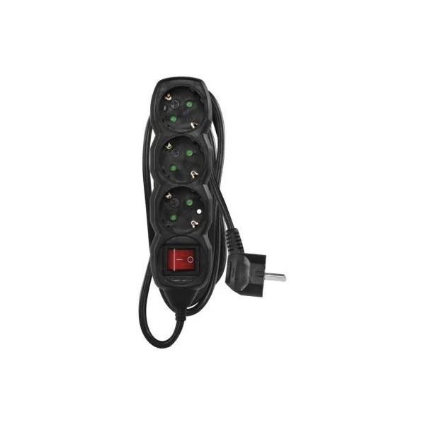 Hosszabbító 1,5 m / 3 aljzat / kapcsolós / fekete / PVC / 1 mm2