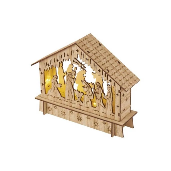 LED karácsonyi betlehem, fa, 15 cm, 2x AA, beltéri, meleg fehér, időzítő