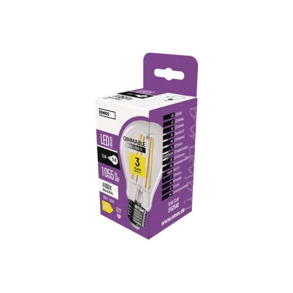LED izzó Filament A60 / E27 / 7,5 W (75 W) / 1 055 lm / természetes fehér / dimmelhető