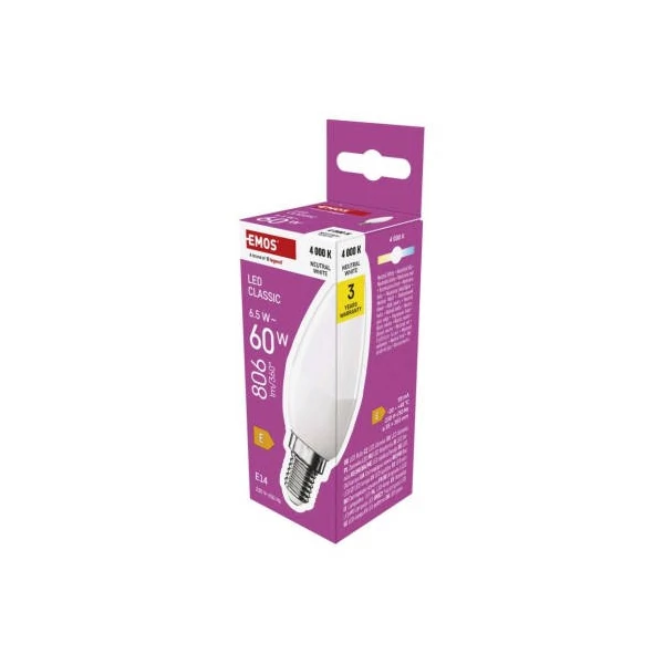 LED izzó Classic gyertya / E14 / 6,5 W (60 W) / 806 lm / Természetes fehér