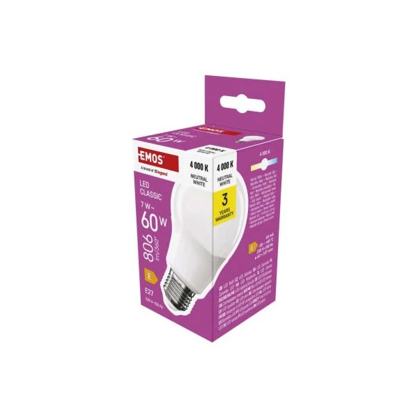 LED izzó Classic A60 / E27 / 7 W (60 W) / 806 lm / Természetes fehér