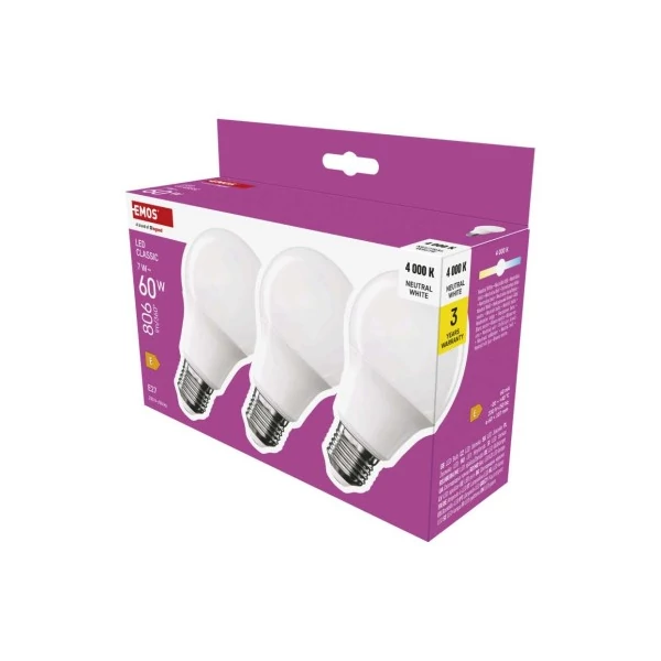 LED izzó Classic A60 / E27 / 7 W  (60 W) / 806 lm / Természetes fehér