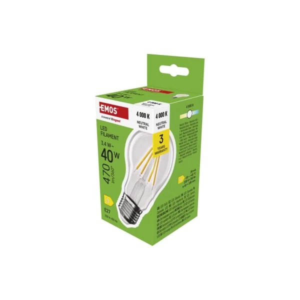 LED izzó Filament A60 / E27 / 3,4 W (40 W) / 470 lm / Természetes fehér