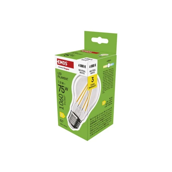 LED izzó Filament A60 / E27 / 7,8 W (75 W) / 1060 lm / Természetes fehér