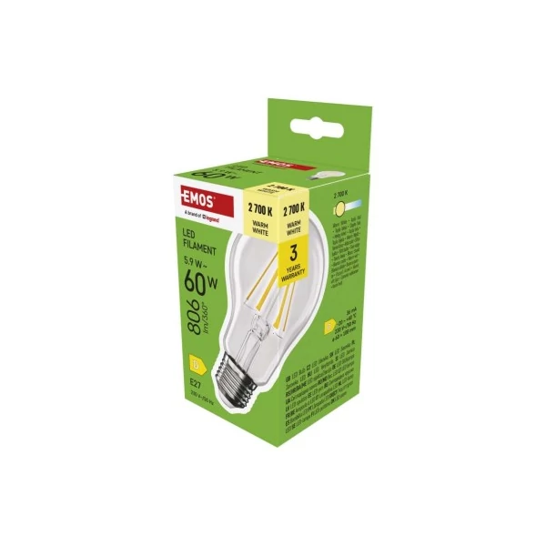 LED izzó Filament A60 / E27 / 5,9 W (60 W) / 806 lm / Meleg fehér