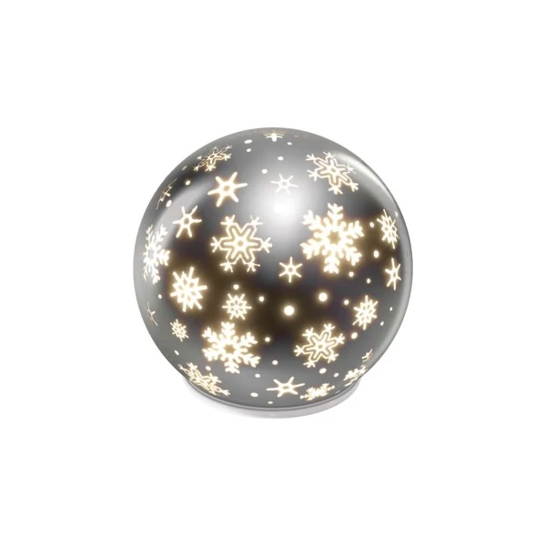 LED karácsonyi üveggömb – hópelyhek, 12 cm, 3x AA, beltéri, meleg fehér, időzítő