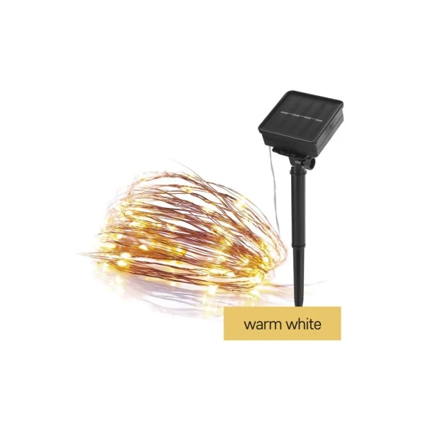 LED nano lánc napelemmel, réz, 12 m, kültéri és beltéri, meleg fehér, időzítő