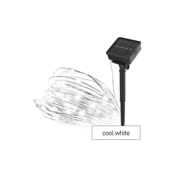 LED nano lánc napelemmel, réz, 12 m, kültéri és beltéri, hideg fehér, időzítő