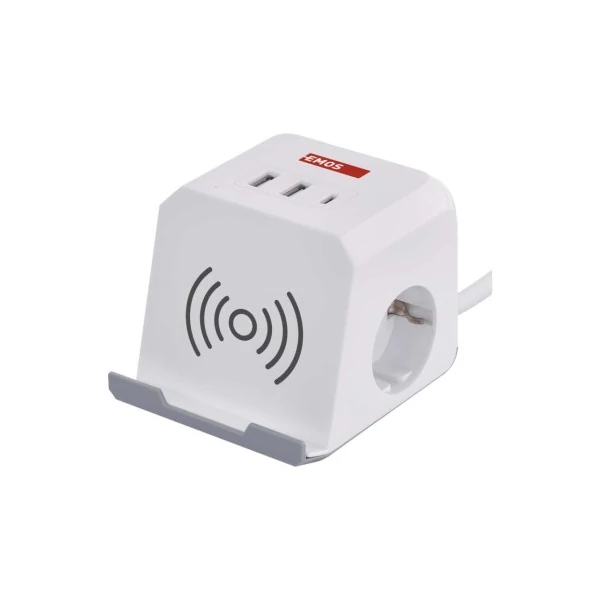 Hosszabbító - kocka 2 m / 2 aljzat / fehér / 2×USB-A+1×USB-C+Qi / 1,5 mm2