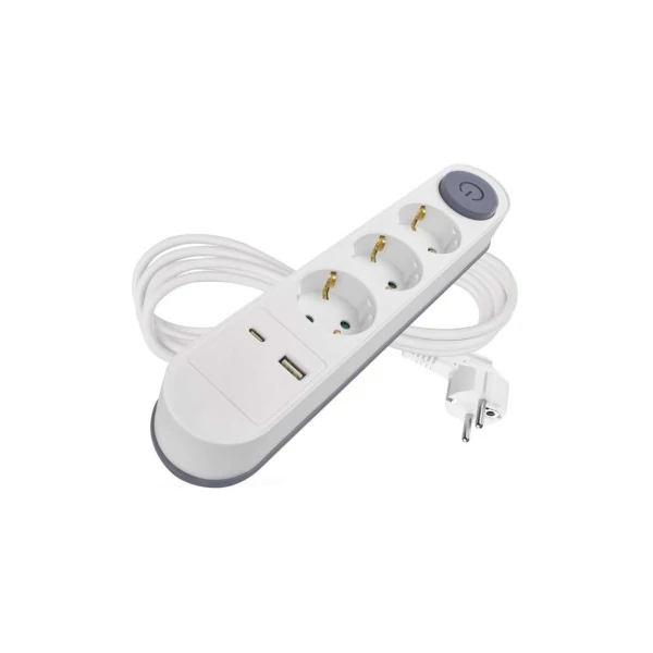 Hosszabbító 2 m / 3 aljzat / kapcsolós / fehér / 1× USB-A + 1× USB-C  / 1,5 mm2