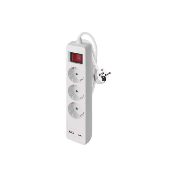 Hosszabbító 2 m / 3 aljzat / kapcsolós / fehér / 1× USB-A + 1× USB-C  / 1,5 mm2