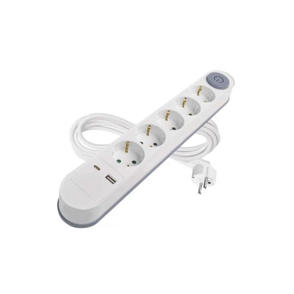 Hosszabbító 3 m / 5 aljzat / kapcsolós / fehér / 1× USB-A + 1× USB-C  / 1,5 mm2