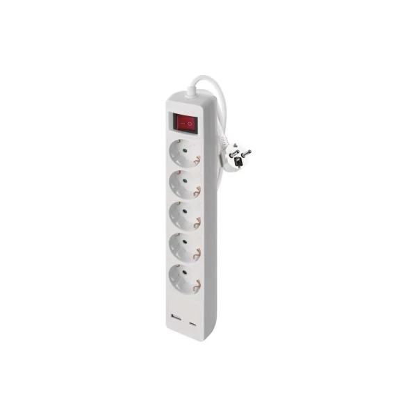 Hosszabbító 3 m / 5 aljzat / kapcsolós / fehér / 1× USB-A + 1× USB-C  / 1,5 mm2