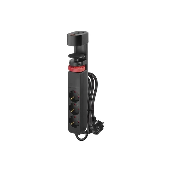 Hosszabbító kábel 1,5 m/3 aljzat/kapcsoló/asztalra szerelhető/USB/fekete/PVC/1,5 mm2 