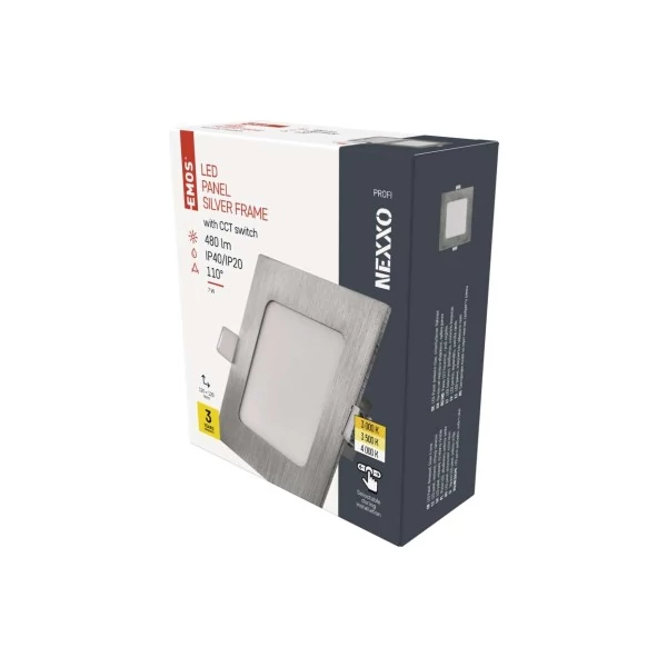 LED süllyesztett lámpatest NEXXO, négyzet, ezüst, 7W, CCT