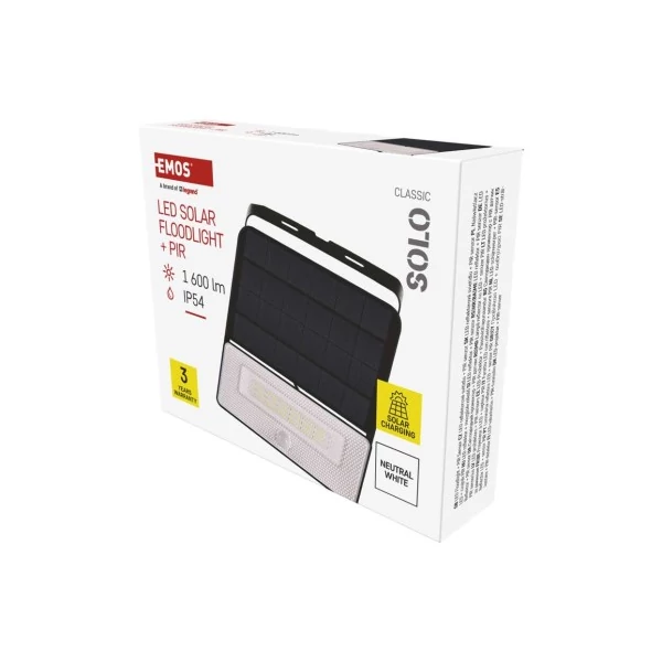 EMOS LED SOLAR reflektor hordozható SOLO, PIR, 1600lm IP54 természetes fehér