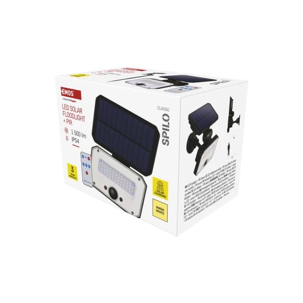 EMOS LED SOLAR reflektor hordozható SPILO, PIR, 1500lm IP54 meleg fehér