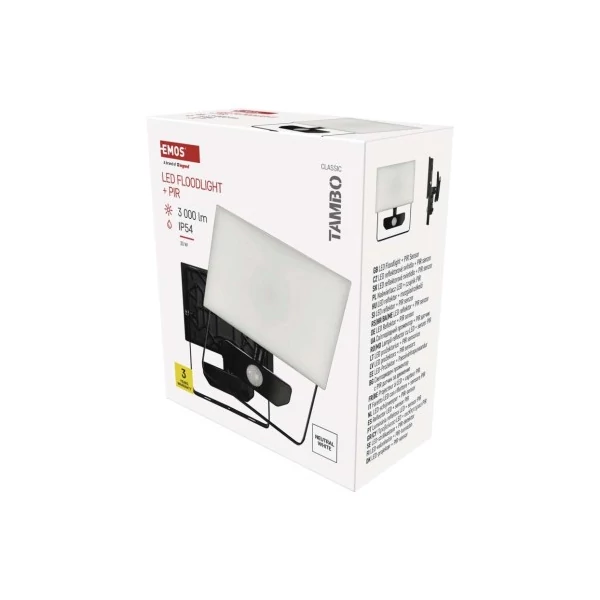LED-es reflektor TAMBO mozgásérzékelővel, 30 W, 3000 lm, fekete