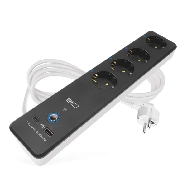 GoSmart hosszabbító 2 m / 4 aljzat / kapcsolós / USB / fehér-fekete / PVC / 1,5 mm2