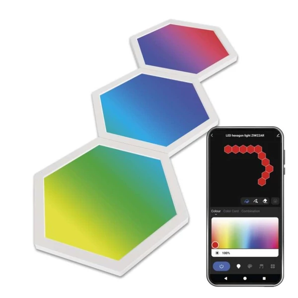 GoSmart LED-es lámpatest Hexagon, kiegészítő készlet,3 rész, 1,8 W, RGBIC dimmelhető, WiFi